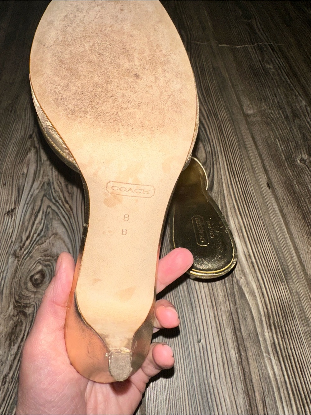 Coach Gold Metallic Open-Toe Kitten Heel Mules with Bow Mesh Logo Size 8 Class - Picture 6 of 6